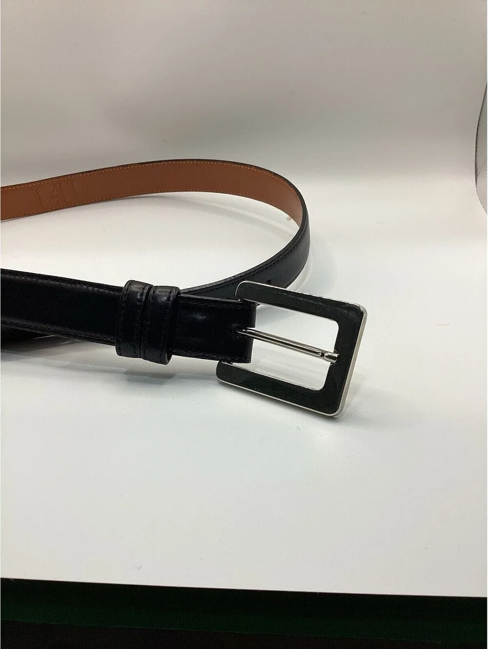LAI Genuine Boxcalf Leather Belt Mens Black Silver Buckle Made in USA Dress Belt